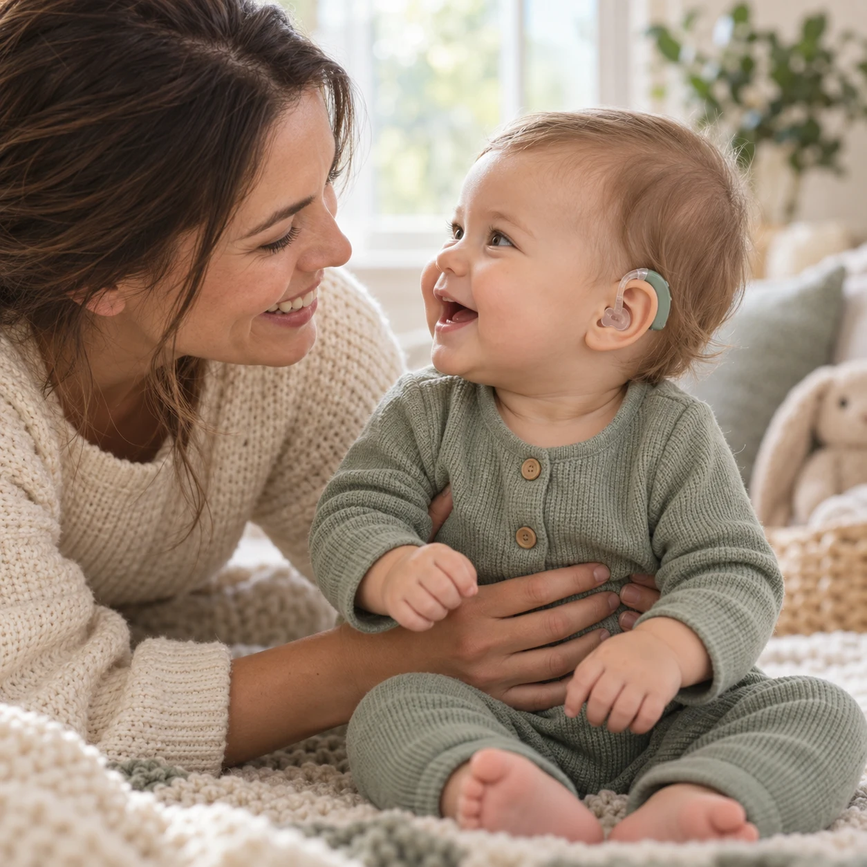 A mother smiling at her baby, whose sage behind-the-ear hearing aid is clearly visible